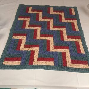 Handmade Quilted Patchwork Rail Fence Baby Blanket Red Blue Crib Throw 31 X 35